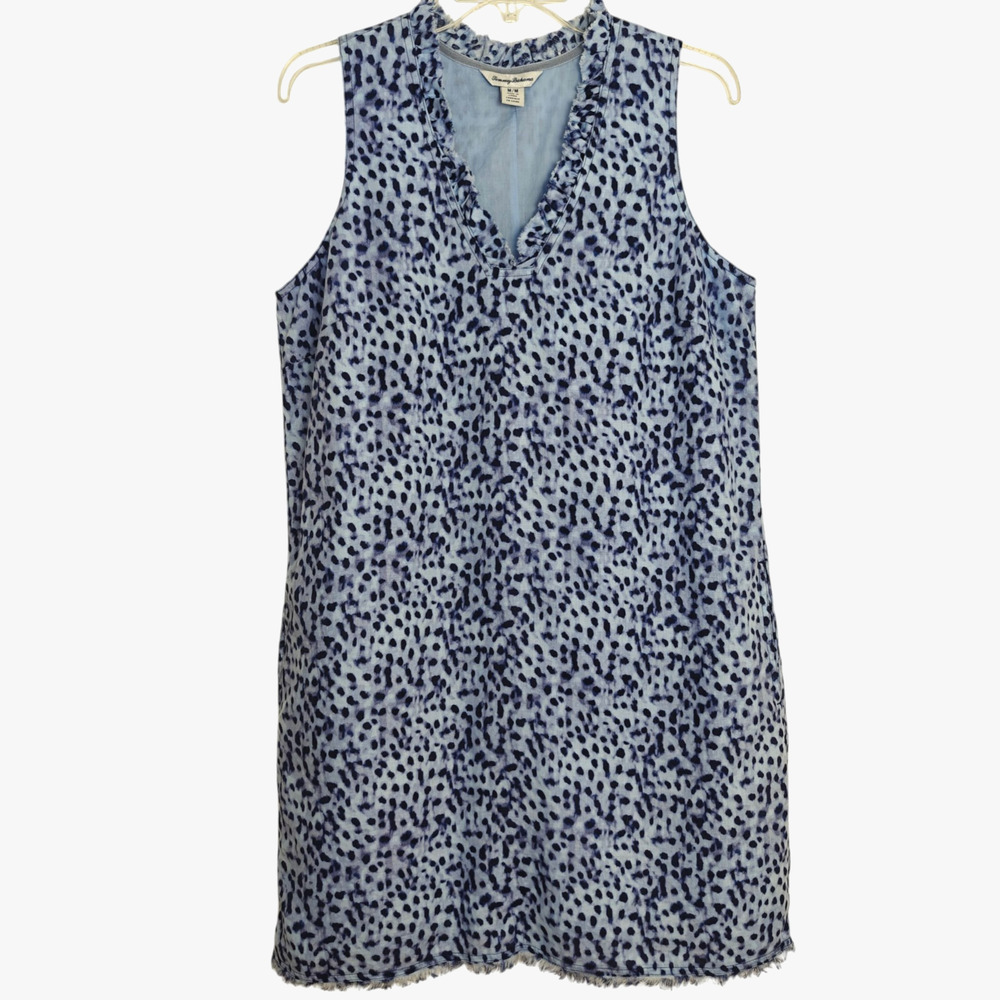 Tommy Bahama Lagoon Leopard Linen Dress Size Medium Blue Pockets Beach Vacation - Picture 2 of 12